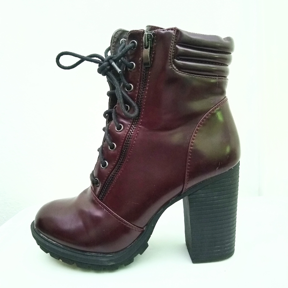 JustFab Pembe platform combat boot with 4" heel and vegan faux leather